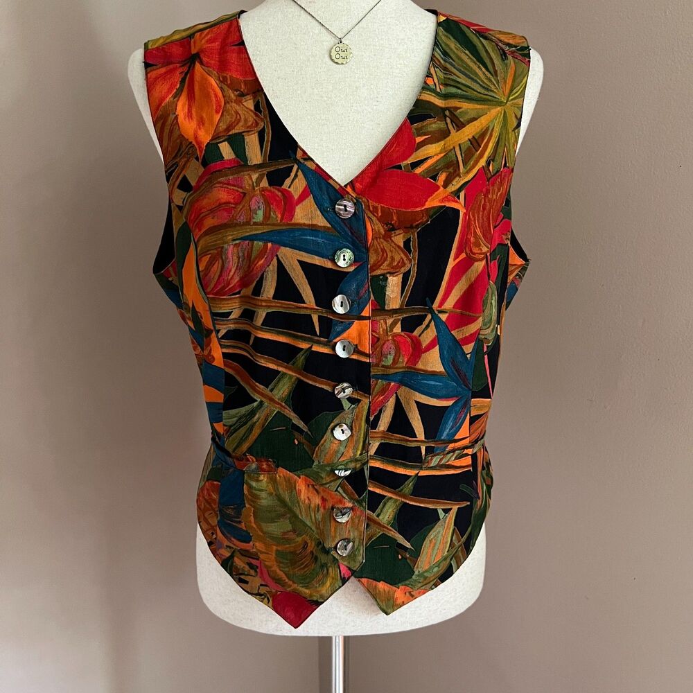 Vintage‎ Artsy Vest Karen Kane Tropical Print Button Front Vacation Whimsical 14